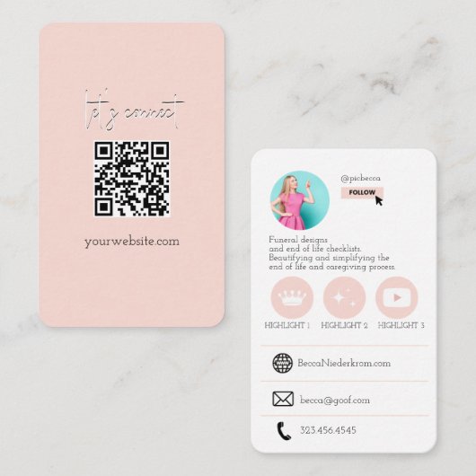 Roze Schattige QR Code Photo Visitekaartje (Voorkant / Achterkant)