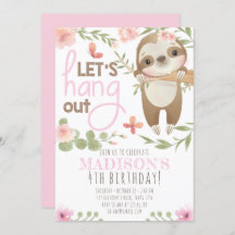 Roze Schattige Sloth Meisje Verjaardagsuitnodiging