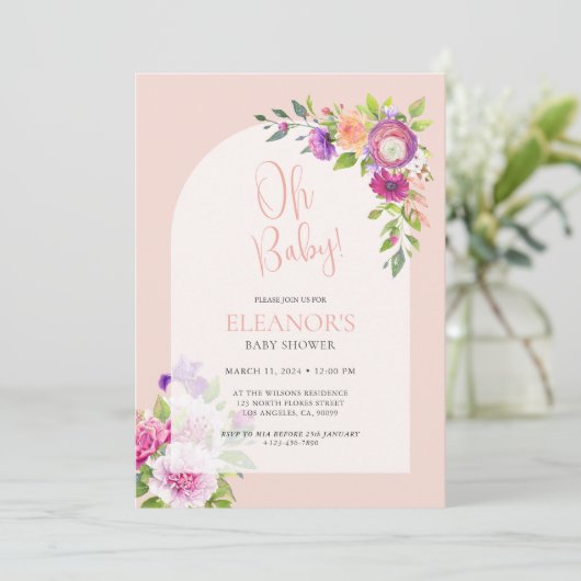 Roze Schattige Speels Bloemenboog Baby shower Kaart (Staand voorkant)