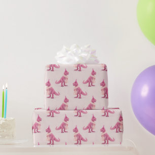 Roze schattige t-rex dinosaurus met boa en feestho cadeaupapier