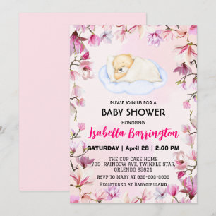 Roze Schattige teddybeer welp bloemen baby shower  Kaart