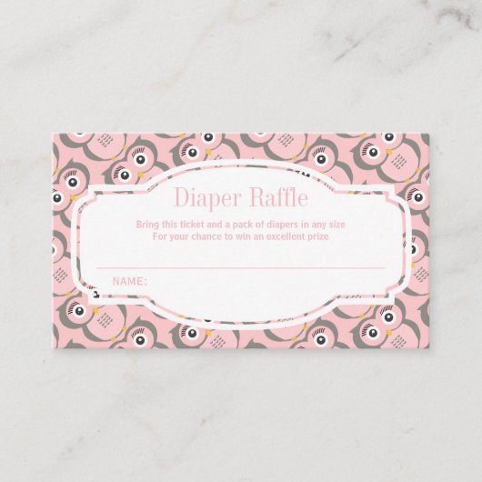 Roze Schattige Uil Luier Raffle Informatiekaartje (Voorkant)