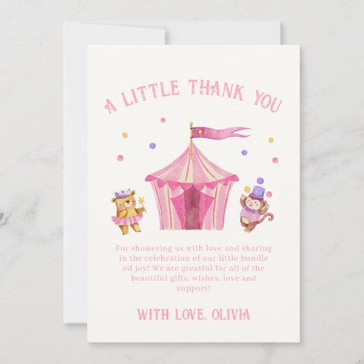 Roze Schattige Uniek Circus Beer Aap Baby shower Bedankkaart (Voorkant)