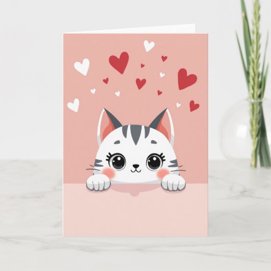 Roze Schattige Valentijnskaart voor Kattenliefhebb Kaart (Voorkant)