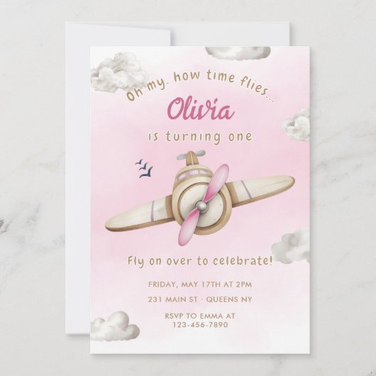 Roze Schattige Vliegtuig Oh My Time Flies Meisje V Kaart (Voorkant)