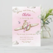 Roze Schattige Vliegtuig Oh My Time Flies Meisje V Kaart (Staand voorkant)