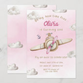 Roze Schattige Vliegtuig Oh My Time Flies Meisje V Kaart (Voorkant / Achterkant)