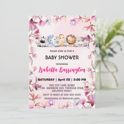 Roze Schattige wild cub safari bloem baby shower k Kaart (Staand voorkant)