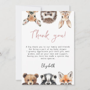 Roze Schattige Woodland Forest Animals Baby shower Bedankkaart