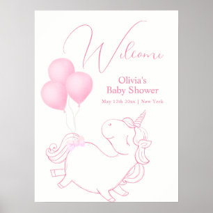 Roze Schattigee Ballon Eenhoorn Baby shower Welkom Poster