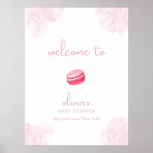 Roze Schattigee Bonjour Bébé Macaron Baby shower W Poster (Voorkant)