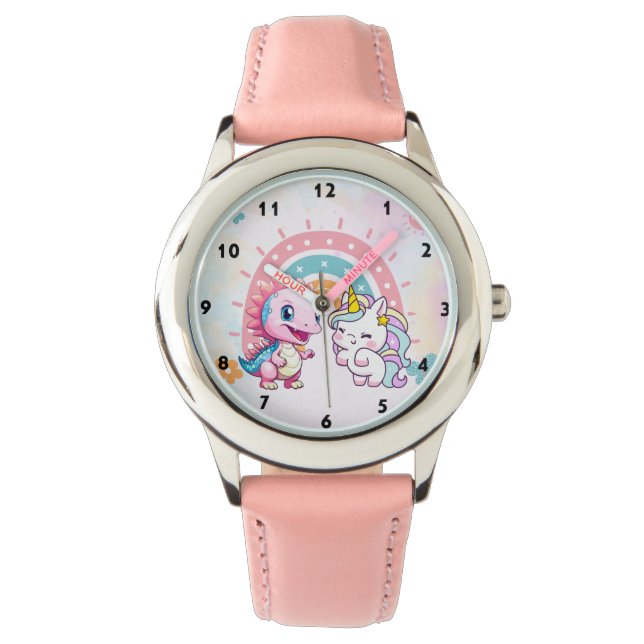 Roze Schattigee Eenhoorn dinosaurussen regenboog V Horloge (Voorkant)