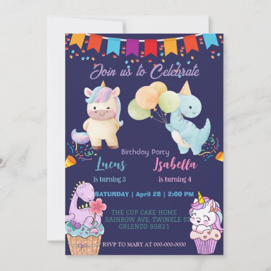 Roze Schattigee Eenhoorn dinosaurussen regenboog V Kaart (Voorkant)