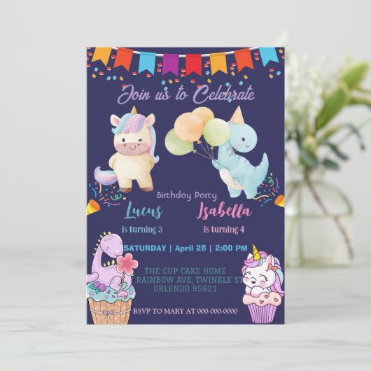 Roze Schattigee Eenhoorn dinosaurussen regenboog V Kaart (Staand voorkant)