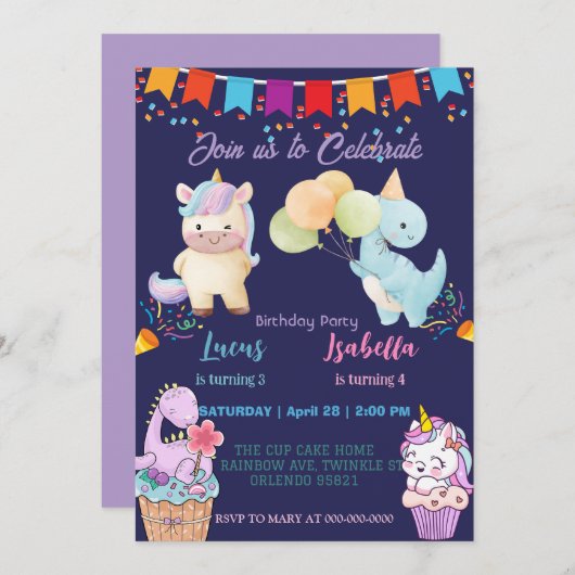 Roze Schattigee Eenhoorn dinosaurussen regenboog V Kaart (Voorkant / Achterkant)