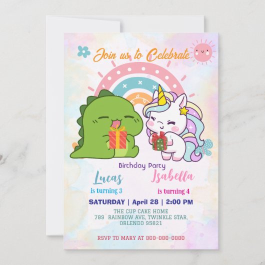 Roze Schattigee Eenhoorn dinosaurussen regenboog V Kaart (Voorkant)