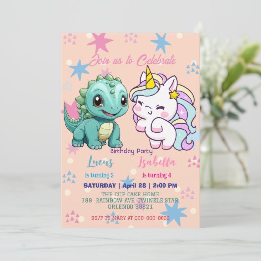 Roze Schattigee Eenhoorn dinosaurussen regenboog V Kaart (Staand voorkant)