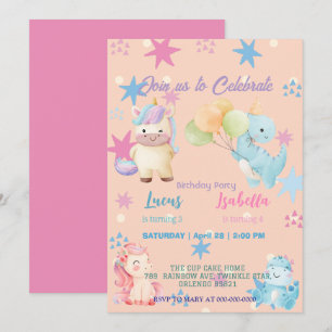 Roze Schattigee Eenhoorn dinosaurussen regenboog V Kaart