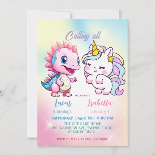 Roze Schattigee Eenhoorn dinosaurussen regenboog V Kaart (Voorkant)