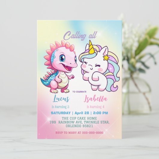 Roze Schattigee Eenhoorn dinosaurussen regenboog V Kaart (Staand voorkant)