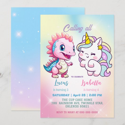 Roze Schattigee Eenhoorn dinosaurussen regenboog V Kaart (Voorkant / Achterkant)