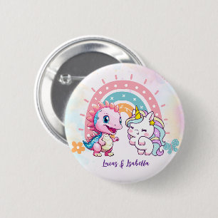 Roze Schattigee Eenhoorn dinosaurussen regenboog V Ronde Button 5,7 Cm