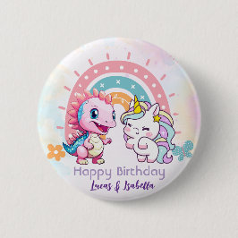 Roze Schattigee Eenhoorn dinosaurussen regenboog V Ronde Button 5,7 Cm