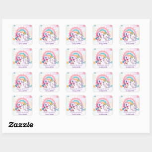 Roze Schattigee Eenhoorn dinosaurussen regenboog V Vierkante Sticker
