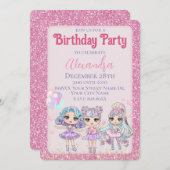 Roze Schattigee Glitter Dolls Meisje Verjaardagsfe Kaart (Voorkant / Achterkant)