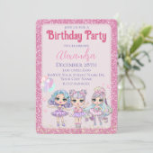 Roze Schattigee Glitter Dolls Meisje Verjaardagsfe Kaart (Staand voorkant)