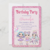 Roze Schattigee Glitter Dolls Meisje Verjaardagsfe Kaart (Voorkant)