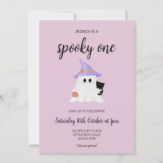 Roze Schattigee Halloween Ghost 1st Birthday Girl  Kaart (Voorkant)