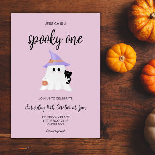 Roze Schattigee Halloween Ghost 1st Birthday Girl  Kaart