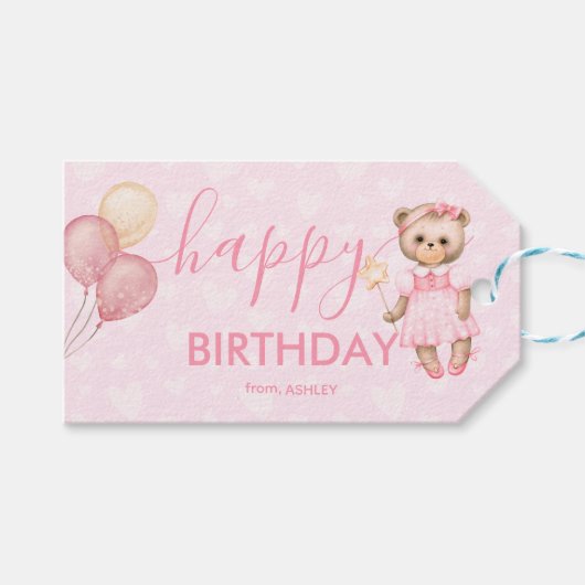Roze Schattigee Happy Birthday Kinder Cadeaulabel (Voorkant (Horizontaal))