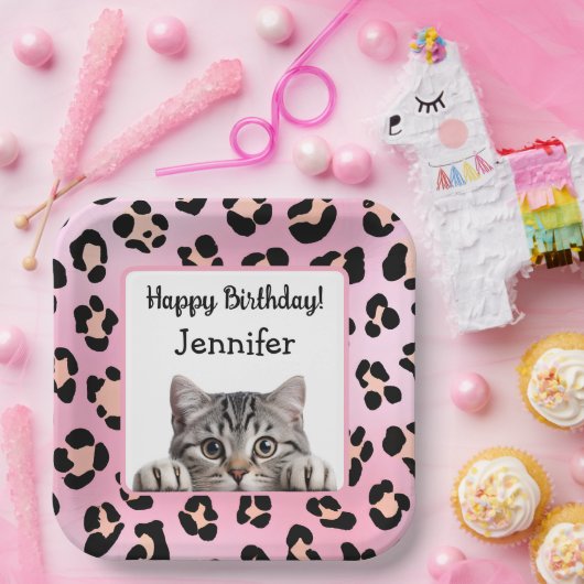 Roze Schattigee Kat Verjaardag Papier Bord (Feest)