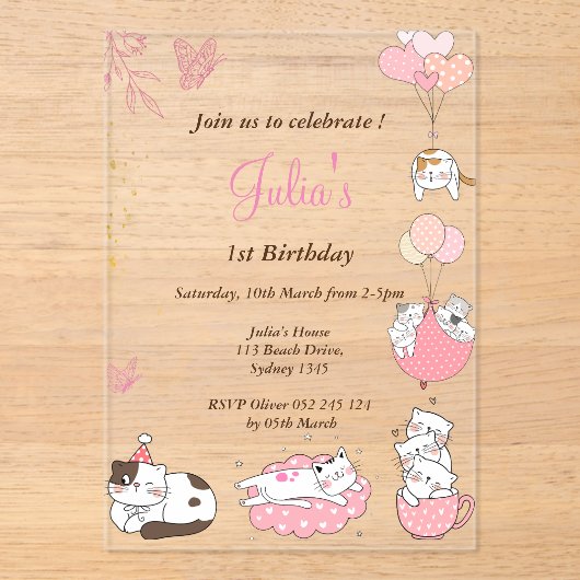 Roze Schattigee katten 1e verjaardag Acryl Uitnodigingen (Voorkant)