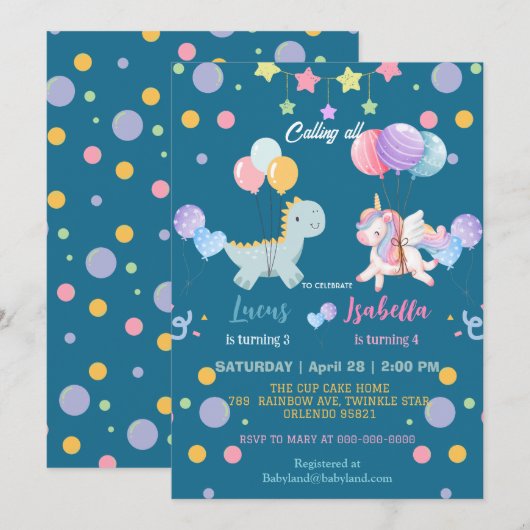 Roze Schattigee Magische Eenhoorn Dinosaurussen Ve Kaart (Voorkant / Achterkant)