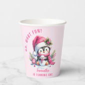Roze Schattigee Pinguïn Kerstmeisje 1e Verjaardag Papieren Bekers (Achterkant)