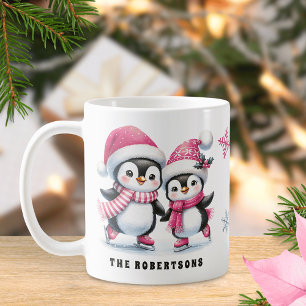Roze Schattigee Pinguïns Schaatsen Familie Kerst Koffiemok