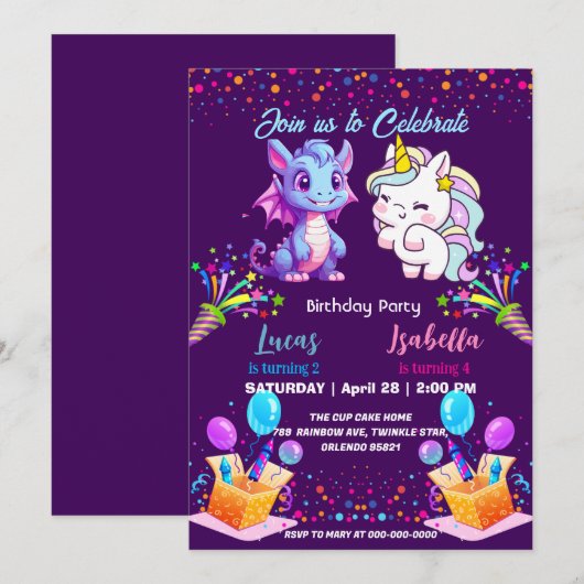 Roze Schattigee Rainbow Unicorn dinosaurussen 2e v Kaart (Voorkant / Achterkant)