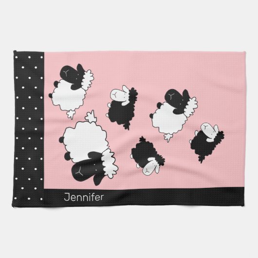 Roze Schattigee schapenillustratie monogram Theedoek (Horizontaal)