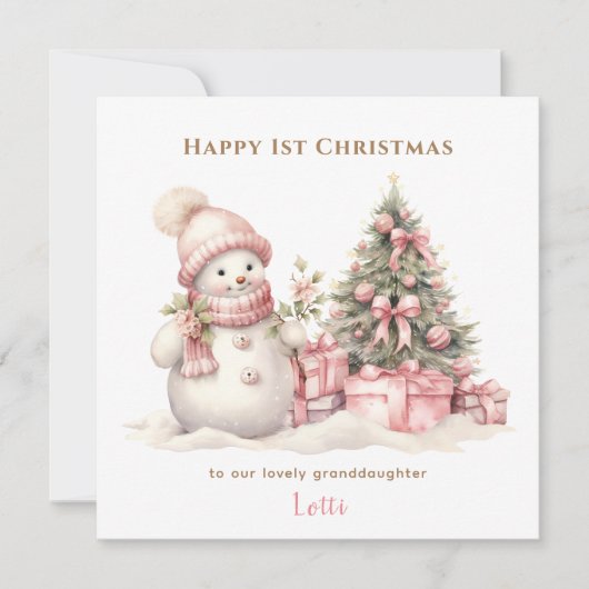 Roze Schattigee Sneeuwman Lange Tekst Eerste Meisj Kaart (Voorkant)