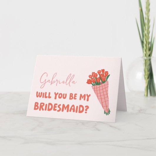 Roze Schattigee Tulp Zal je mijn bruidsmeisje voor Kaart (Voorkant)