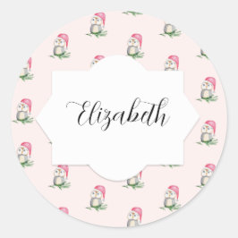 Roze Schattigee Uil Waterverf Patroon Monogrammed Ronde Sticker