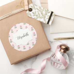 Roze Schattigee Uil Waterverf Patroon Monogrammed Ronde Sticker