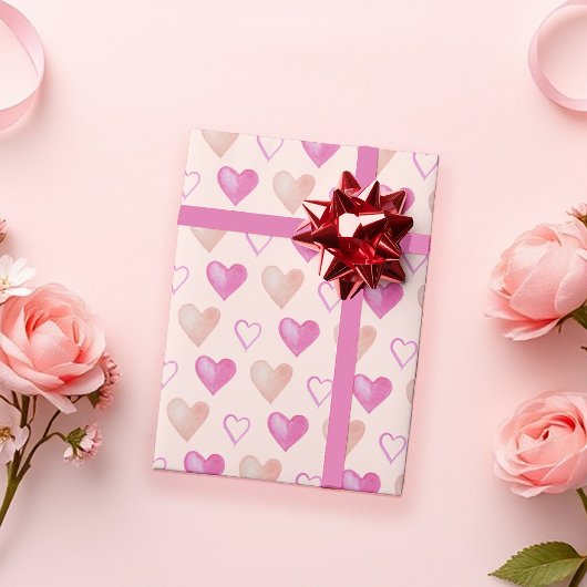 Roze Schattigee Valentijn Hart Waterverf Handgesch Cadeaupapier