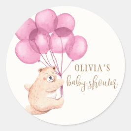 Roze Schattigee Waterverf Beer Ballon Baby shower Ronde Sticker