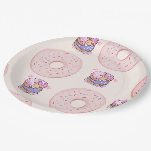 Roze Schattigee woestijnzoete donuts illustratiepa Papieren Bordje (Gekanteld)