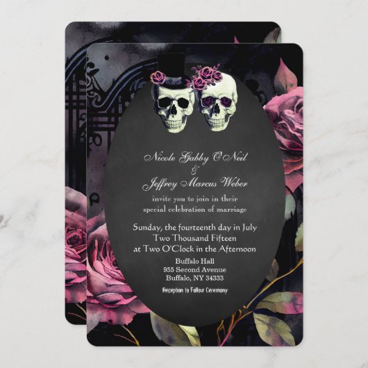 Roze schedel Bloem Bruid & bruidegom bruiloft uitn Kaart (Voorkant / Achterkant)