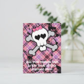 Roze schedel en kruisbeenderen met hart en met pot briefkaart (Staand voorkant)